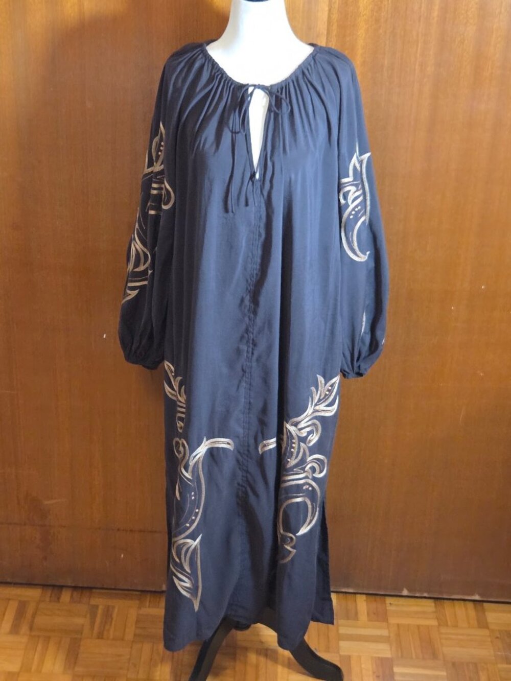 H&M Black Gold Embroidered Keyhole Kaftan Maxi Dress - XS